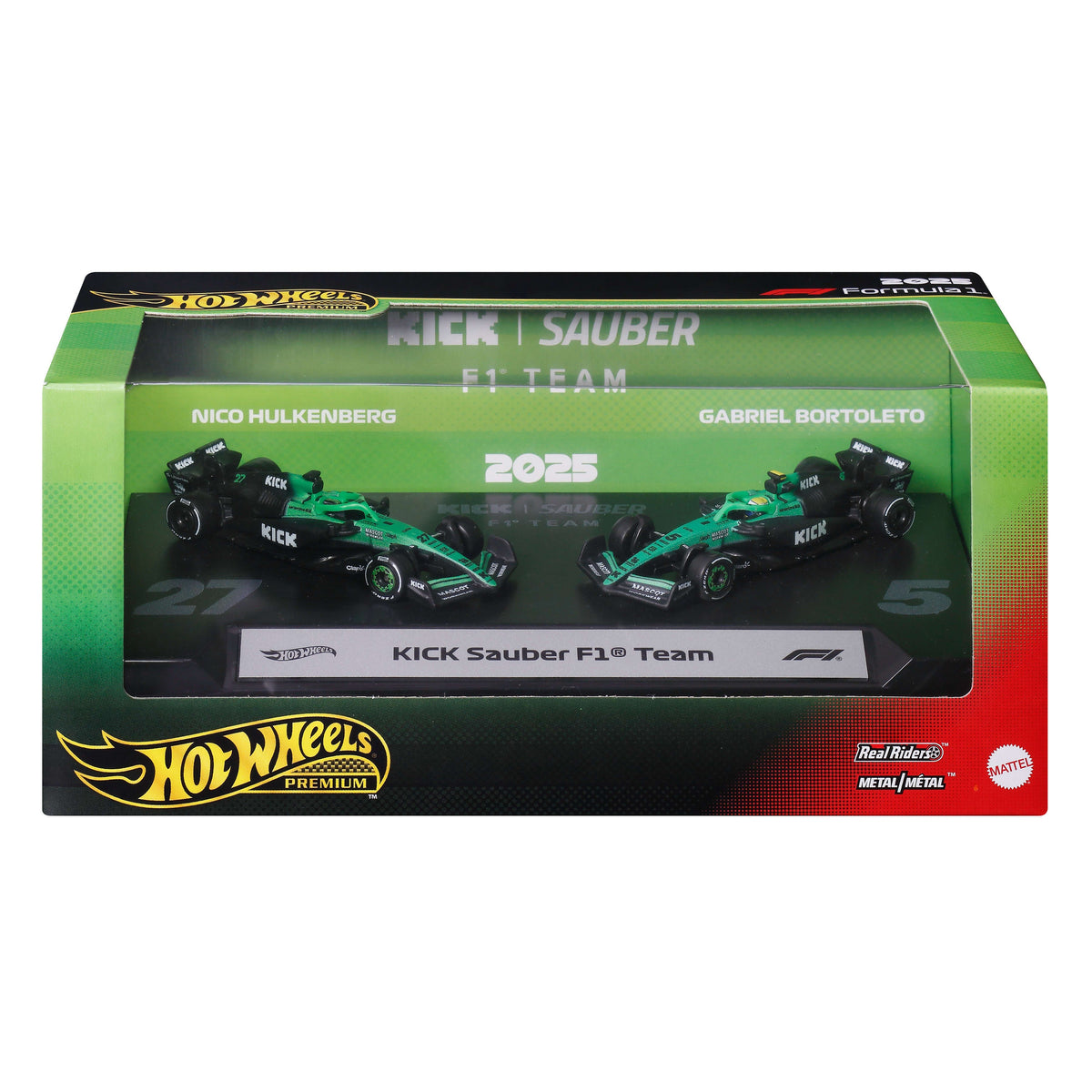 Hot Wheels Premium KICK Sauber 2025 Formula 1 Team #27 Nico Hülkenberg & Team #5 Gabriel Bortoleto