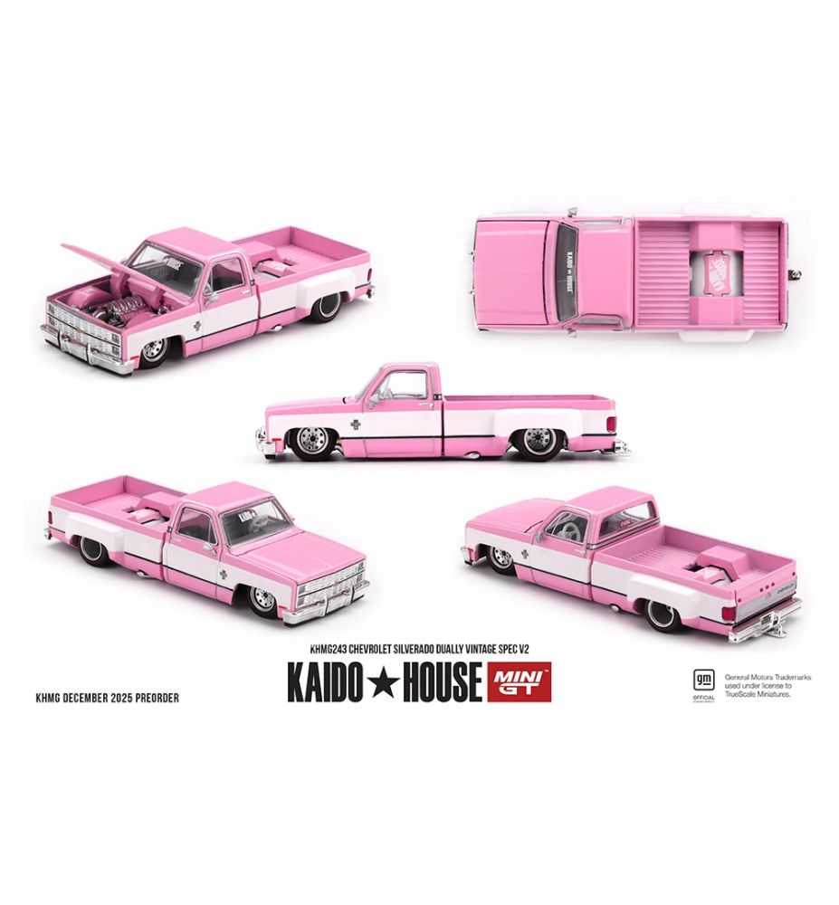 Mini GT Kaido House Chevrolet Silverado Dually Vintage Spec V2 Pink & White 1:64